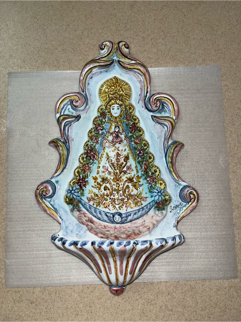 Hand Painted Ceramic benditera holy water font Virgin of El Rocío Made in Spain